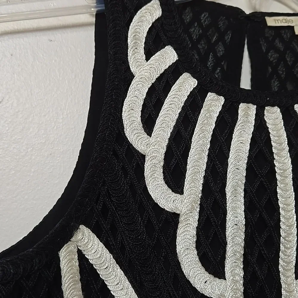 Maje Women's Mesh Crochet Black White Tank Top Size 2 Floral - Picture 3 of 7